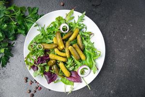 salade de cornichons concombre feuilles vertes salées mélanger repas frais régime alimentaire snack sur la table copie espace