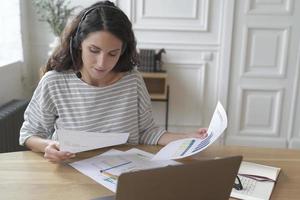 femme comptable européenne concentrée dans un casque préparant un rapport tout en utilisant un ordinateur portable au bureau à domicile photo