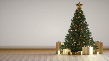 incroyable arbre de noël de luxe avec des coffrets cadeaux dorés. rendu 3D. clignotant d'arbre de noël. joyeux Noel et bonne année. cadeaux de noël sous le sapin de noël. épicéa de pin décoratif. photo