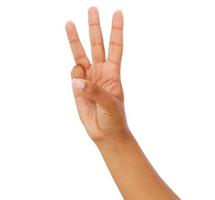 femme noire montre le troisième, numéro trois signe isolé sur fond blanc, bras afro-américain photo