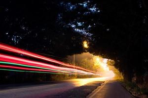 les phares des voitures traversent des tunnels d'arbres. photo