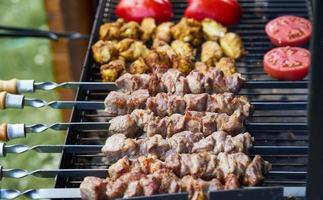 barbecue shashlik kebab avec winglets et tomates au poivre rôti en chargrill semi-fini