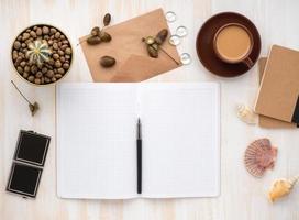 bloc-notes ouvert blanc, enveloppe kraft, tasse de café et cactus en pot allongé sur un bureau en bois beige