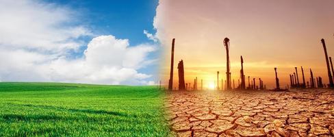 concept de conservation de l'environnement et de changement climatique mondial. image comparant les zones arides aux zones vertes. photo