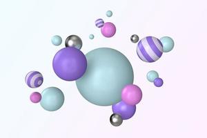 des boules dynamiques irrégulières façonnent l'arrière-plan. illustration 3d dynamique réaliste. sphères brillantes violettes, rayées et argentées se déplaçant de manière aléatoire photo