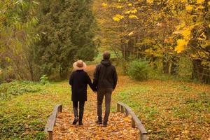 couple de touristes marchant s'amusant dans le parc d'automne photo