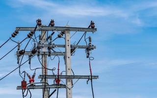 l'énergie électrique triphasée pour le transfert d'énergie par les réseaux électriques. énergie électrique pour soutenir l'industrie manufacturière. poteaux électriques à haute tension et lignes électriques contre le ciel bleu et les nuages blancs. photo