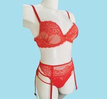 ensemble de lingerie élégant - soutien-gorge, slip et porte-jarretelles sur un mannequin isolé sur fond bleu. lingerie en dentelle rouge. photo