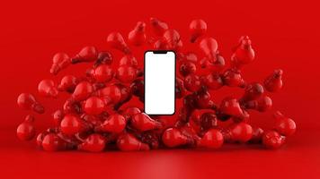 smartphone et ampoules sur fond rouge. Illustration 3D. photo