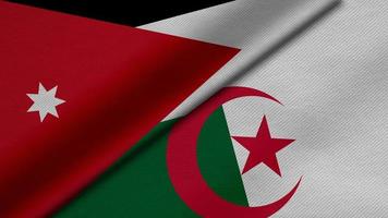 rendu 3d de deux drapeaux du royaume hachémite de jordanie et de la république d'algérie avec texture de tissu, relations bilatérales, paix et conflit entre pays, idéal pour le fond photo