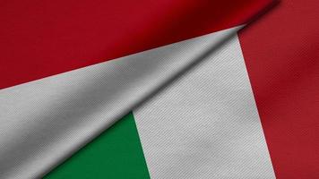 rendu 3d de deux drapeaux de la république d'indonésie et de la république italienne avec la texture du tissu, les relations bilatérales, la paix et les conflits entre les pays, idéal pour le fond photo
