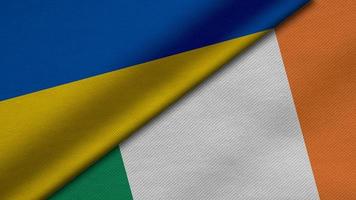 rendu 3d de deux drapeaux de l'ukraine et de la république d'irlande avec la texture du tissu, les relations bilatérales, la paix et les conflits entre les pays, idéal pour le fond photo