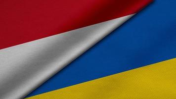 Rendu 3d de deux drapeaux de la république d'indonésie et de l'ukraine avec texture de tissu, relations bilatérales, paix et conflit entre pays, idéal pour le fond photo