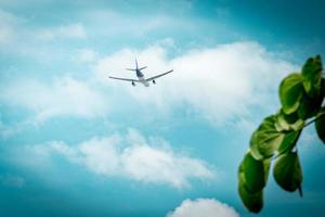 compagnie aérienne commerciale. l'avion de passagers décolle à l'aéroport avec un beau ciel bleu et des nuages blancs et des feuilles vertes au premier plan. vol de départ. commencer le voyage à l'étranger. le temps des vacances. joyeux voyage. photo