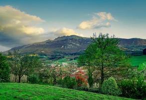 belle vue du haut de la colline. village dans la vallée. arbre au début du printemps avec ciel bleu et nuages blancs. soleil à la montagne rocheuse. saison de printemps en europe. paysage de champ d'herbe verte sur la colline. photo