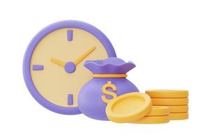 concept de valeur temporelle de l'argent avec horloge et piles de pièces, gestion du temps, investissement à long terme, délai de paiement, rendu 3d.