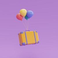 valise avec flotteur de ballons colorés isolé sur fond violet, concept de vente de tourisme et de voyage, vacances de vacances, temps de voyager, rendu 3d photo