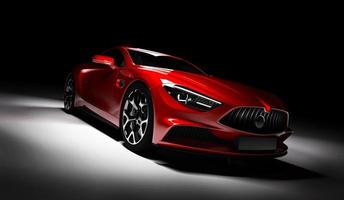 voiture de sport rouge moderne sous les projecteurs sur fond noir. photo