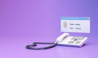 arrière-plan esthétique abstrait avec fenêtres de message système de style années 90, ancien téléphone domestique vintage, fenêtre contextuelle se connectant à Internet sur dégradé rose et violet style y2k rendu 3d réaliste photo