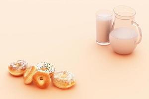 beignet coloré et tasse de lait avec fond pastel. rendu 3d photo