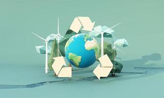 concept de recyclage de la terre verte jour de la terre entouré de globes, icône de symbole de recyclage et main en bois sur fond vert avec des rivières. rendu 3d de dessin animé réaliste