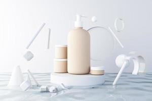 maquettes de produits cosmétiques sur des podiums géométriques. arrière-plan et forme géométrique sur l'eau pour la présentation d'un rendu cosmétique réaliste en 3d photo