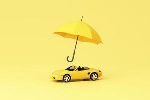 assurance automobile automobile et concept d'exonération des dommages par collision entouré d'un modèle de voiture de sport jaune et d'un parapluie isolé sur fond jaune pastel. rendu 3d réaliste photo