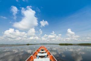 bateau dans le lac avec un ciel bleu nuageux