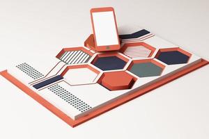 smartphone avec concept technologique, composition abstraite de plates-formes de formes géométriques de couleur orange et pastel. rendu 3d photo