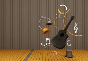 guitare et chapeau noir avec touches de musique sur un sol jaune et rendu 3d d'arrière-plan. photo