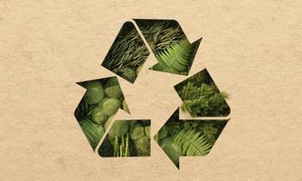 concept de recyclage de la terre verte jour de la terre entouré de globes, icône de symbole de recyclage et main en bois sur fond vert avec des rivières. rendu 3d de dessin animé réaliste photo
