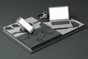 ordinateur portable, smartphone et casque avec concept technologique composition abstraite de plates-formes de formes géométriques de couleur pastel. rendu 3d photo