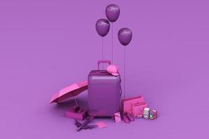 valise avec accessoires de voyageur sur fond pastel. notion de voyage. rendu 3d photo