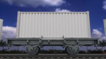 train de marchandises avec conteneurs blancs vierges. transport ferroviaire. rendu 3d photo