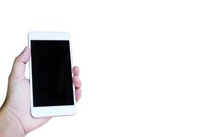 Main de femme tenant un smartphone avec écran blanc isolé sur fond blanc photo