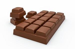 barre de chocolat au lait et morceaux de chocolat isolés sur fond blanc de la vue de face supérieure illustration 3d photo