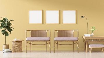 maquette d'affiche carrée avec trois cadres sur le mur jaune vide à l'intérieur du salon, salon, rendu 3d photo