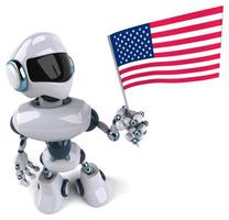 Illustration 3d d'un robot avec le drapeau des États-Unis à la main