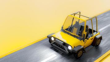 voiture de tourisme jaune sur route simulée. sur fond jaune avec lumière venant du côté. photo