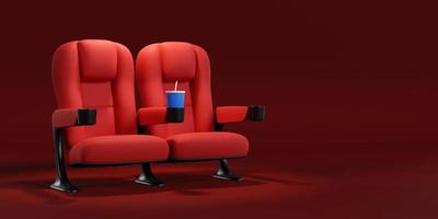 couple de sièges de cinéma debout sur le tapis rouge. acheter un concept de billet de cinéma, soirée cinéma. rendu 3d.