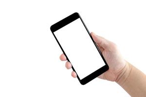 main droite d'un homme blanc tenant un téléphone portable noir et un écran blanc sur un fond isolé avec un tracé de détourage. photo