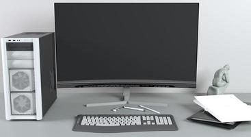 Espace de travail de rendu 3d sur table en ton noir-blanc, ordinateur et accessoire sur l'espace de travail