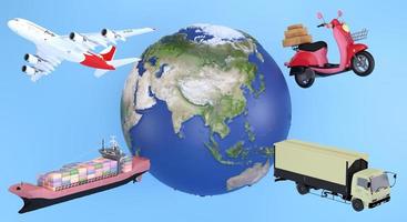 Vue d'ensemble du rendu 3d de la logistique et du transport dans le monde entier, expédition de fret par conteneurs, livraison par camion, avion, concept d'import-export photo