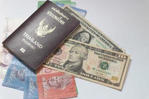 passeport thaïlandais sur les billets en devises mixtes, yen, dollar, concept de monnaie d'inflation baht. photo