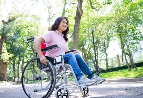 image d'une femme asiatique d'âge moyen assise sur un fauteuil roulant photo