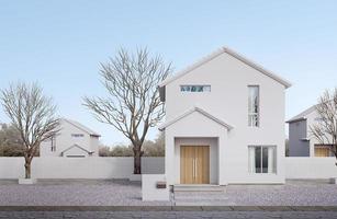 extérieur de maison blanche de style minimal.toit à pignon,fenêtre en verre et porte en bois avec ciel bleu.rendu 3d photo