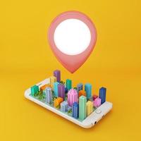 icône de broche de localisation avec modèle de ville sur téléphone mobile rendu 3d photo