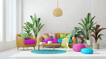 conception de salon avec couleur magenta et bleue. plante sur fond. canapé en rotin et fauteuil. rendu 3d photo