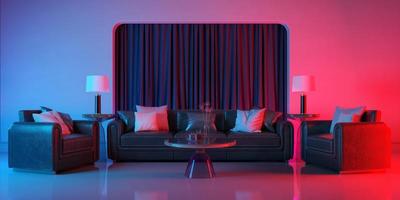 chambre moderne avec éclairage violet et rouge. canapé en cuir avec fauteuils et lampes de table. rendu 3d photo