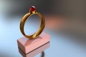 Illustration 3d d'une bague en or avec un gros diamant rouge sur un support rose photo